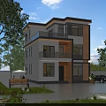 Modern Two Story Detached Villa With Large Glass Windows And Balcony Surrounded By Greenery