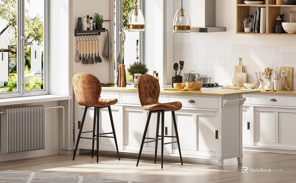 Modern Open Kitchen With White Cabinets Yellow Island Counter Hanging Utensils Brown Woven Stools 3d model 