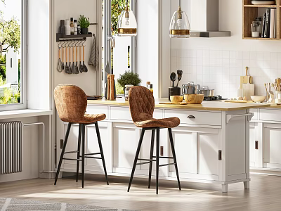 Modern Open Kitchen With White Cabinets Yellow Island Counter Hanging Utensils Brown Woven Stools 3d model