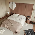 Double Bed With Wooden Headboard Beige Bedding Nightstands And Floor Lamp In Modern Bedroom