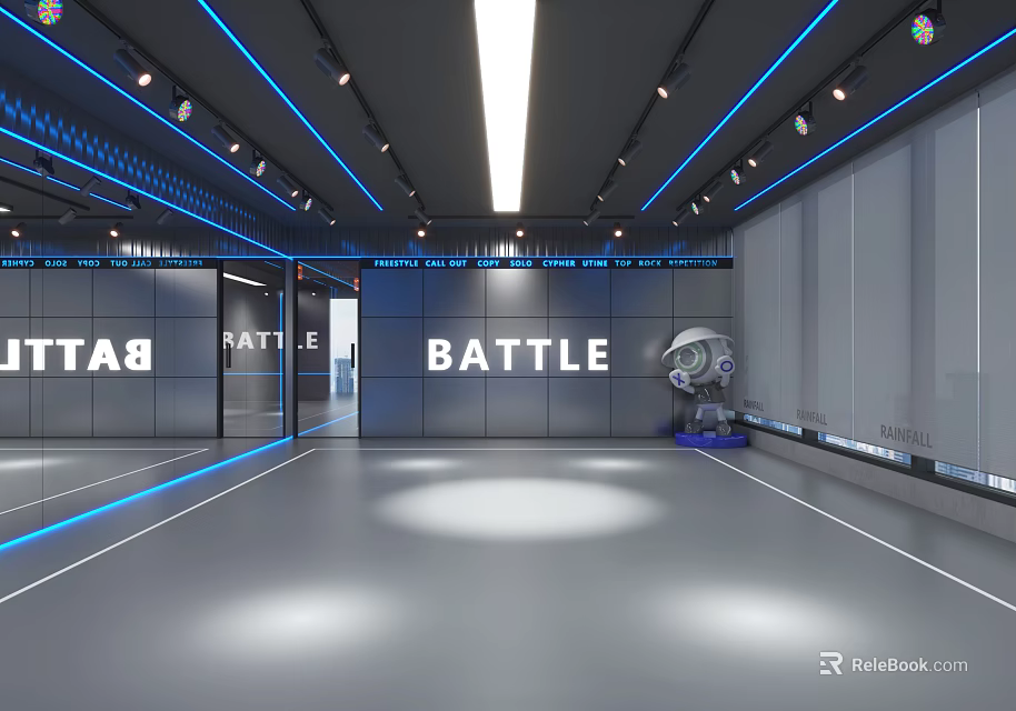 Modern Fitness Gym With Battle Themed Walls Mirrors And Training Space 3d model 
