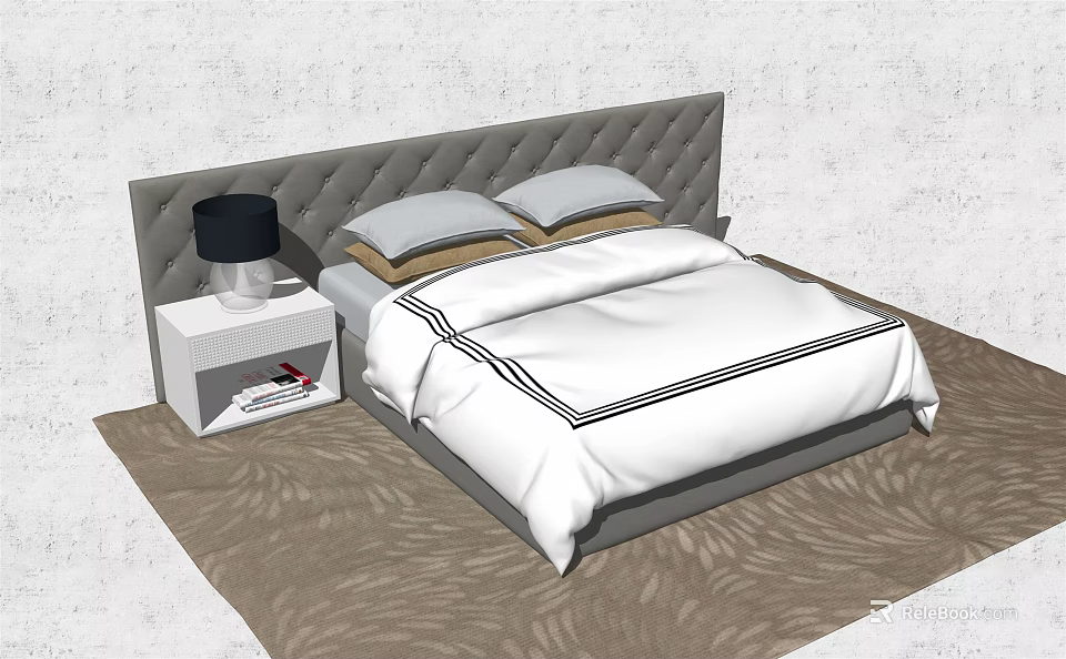Double Bed Interior With Grey Tufted Headboard White Bedspread And Black Table Lamp 3d model 
