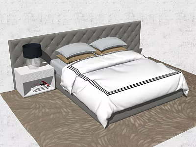 Double Bed Interior With Grey Tufted Headboard White Bedspread And Black Table Lamp 3d model