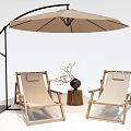 Outdoor Lounge Chairs With Sunshade Umbrella And Decorative Vase On Wooden Stump