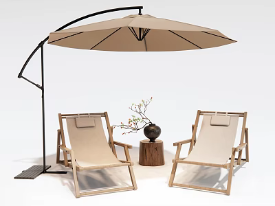 Outdoor Lounge Chairs With Sunshade Umbrella And Decorative Vase On Wooden Stump 3d model