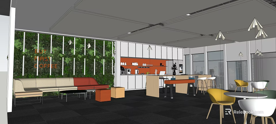 Modern Break Room Interior With Green Plant Wall Sofa Cabinets And Coffee Area 3d model 