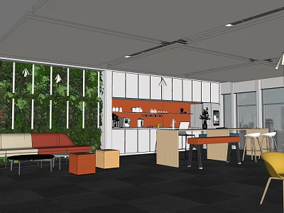 Modern Break Room Interior With Green Plant Wall Sofa Cabinets And Coffee Area 3d model