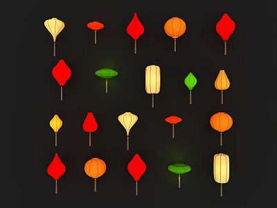 Colorful Lanterns with Various Shapes and Bright Colors Displayed on Black Background 3d model