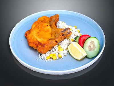 Crispy Fried Chicken With Rice Corn Lemon Cucumber And Tomato Slices 3d model