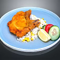 Crispy Fried Chicken With Rice Corn Lemon Cucumber And Tomato Slices