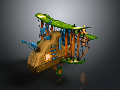 Vintage Biplane 3D Model With Green Wings Brown Fuselage Blue Mechanical Parts And Yellow Lights 3d model