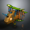 Vintage Biplane 3D Model With Green Wings Brown Fuselage Blue Mechanical Parts And Yellow Lights