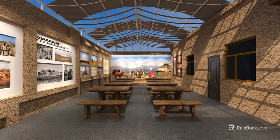 Traditional Cultural Exhibition Indoor Space With Wooden Tables Wall Photos And Murals 3d model 