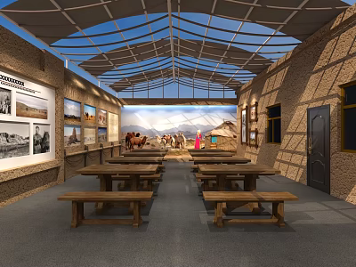 Traditional Cultural Exhibition Indoor Space With Wooden Tables Wall Photos And Murals 3d model