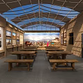 Traditional Cultural Exhibition Indoor Space With Wooden Tables Wall Photos And Murals