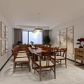 Chinese Style Interior With Landscape Screen Wooden Storage And Seats