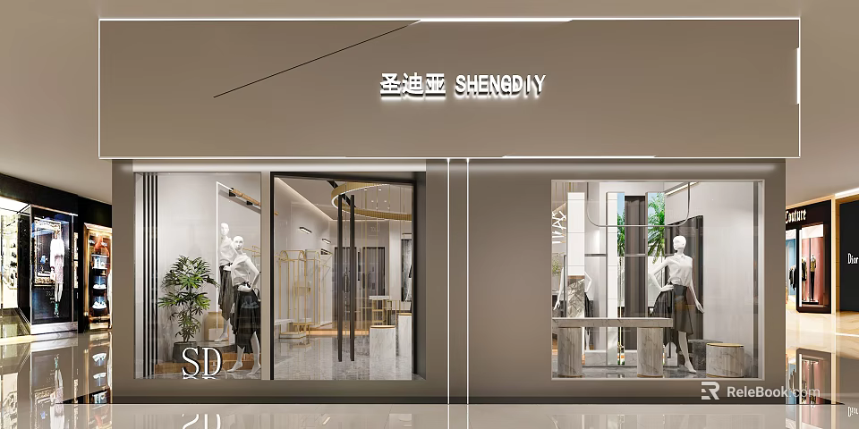Stylish Modern Clothing Store With Elegant Window Display Mannequins And Glass Doors 3d model 