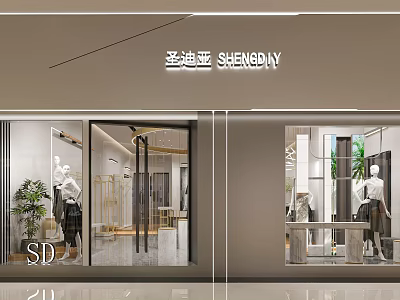 Stylish Modern Clothing Store With Elegant Window Display Mannequins And Glass Doors 3d model