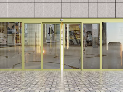 Automatic Glass Doors Entrance Of Shopping Mall With Tile Floor And Escalator 3d model