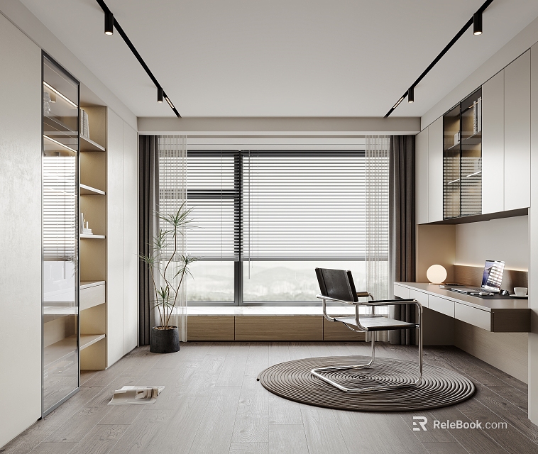 Modern Study Room Interior With Wooden Desk Ergonomic Chair Large Window And Potted Plant 3d model 