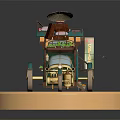 Vintage Green Mobile Food Truck with Roof Plants Stairs and Flower Display on Gold Platform
