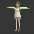 Anime Character With Black Hair White Sweater Pink Bow Plaid Skirt White Stockings Arms Outstretched