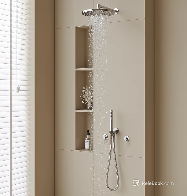 Modern Rainfall Shower Head in Beige Bathroom with White Blinds and Shelf Storage 3d model 