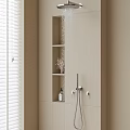 Modern Rainfall Shower Head in Beige Bathroom with White Blinds and Shelf Storage