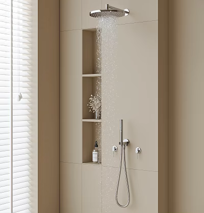 Modern Rainfall Shower Head in Beige Bathroom with White Blinds and Shelf Storage 3d model