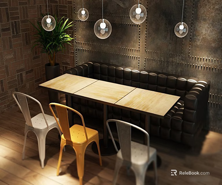 Industrial Style Wooden Dining Table Set with Colorful Chairs Leather Booth and Pendant Lights 3d model 