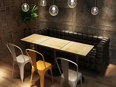 Industrial Style Wooden Dining Table Set with Colorful Chairs Leather Booth and Pendant Lights 3d model