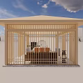 Cozy Wooden Garden Pavilion With Latticed Screens Sofa Dining Table Piano And Blue Sky