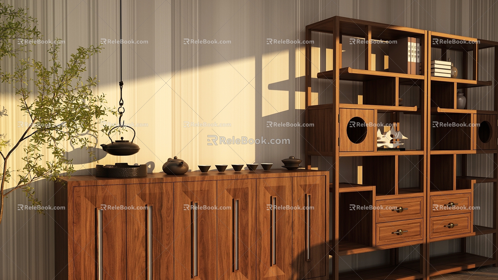 Storage Rack Chinese-style Antique Rack Sideboard Tea Set 3d model