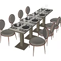 Modern Dining Table Set With Long Top And Light Colored Chairs Featuring Round Backrests 3d model