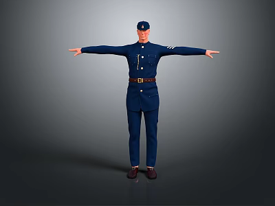 Game And Movie Character In Dark Blue Uniform With Cap Standing Arms Outstretched Gray Background 3d model