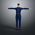 Game And Movie Character In Dark Blue Uniform With Cap Standing Arms Outstretched Gray Background