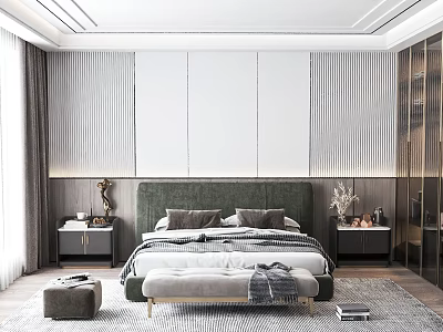 Modern Bedroom Interior With Green Headboard Bed Striped Wall Panels Nightstands Rug And Bench 3d model