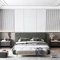 Modern Bedroom Interior With Green Headboard Bed Striped Wall Panels Nightstands Rug And Bench