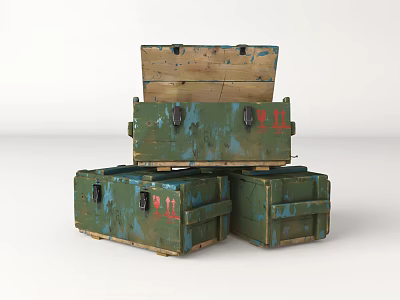 Vintage Green Wooden Crates with Open Lid Red Number Markings and Worn Chipped Paint Design 3d model