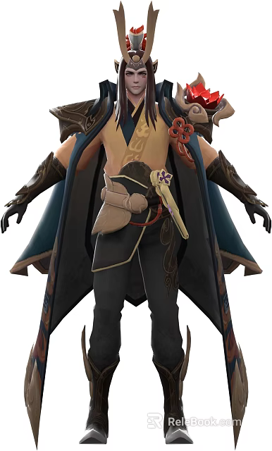 Game Fantasy Character With Patterned Top Blue Cloak Decorative Belt And Armor Gloves 3d model 
