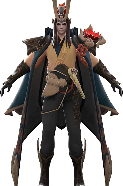 Game Fantasy Character With Patterned Top Blue Cloak Decorative Belt And Armor Gloves 3d model