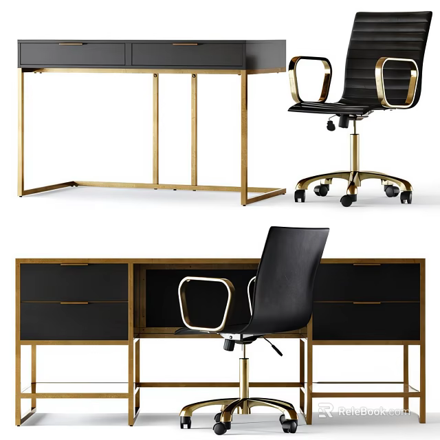 Modern Black And Gold Desk With Drawers And Black Office Chair With Wheels 3d model 