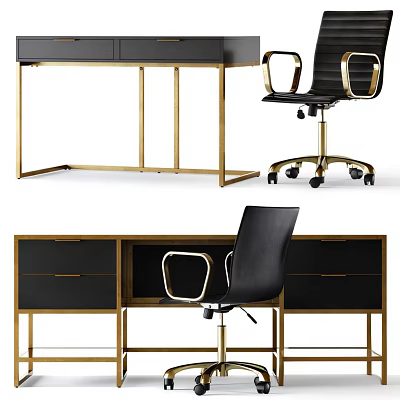 Modern Black And Gold Desk With Drawers And Black Office Chair With Wheels 3d model