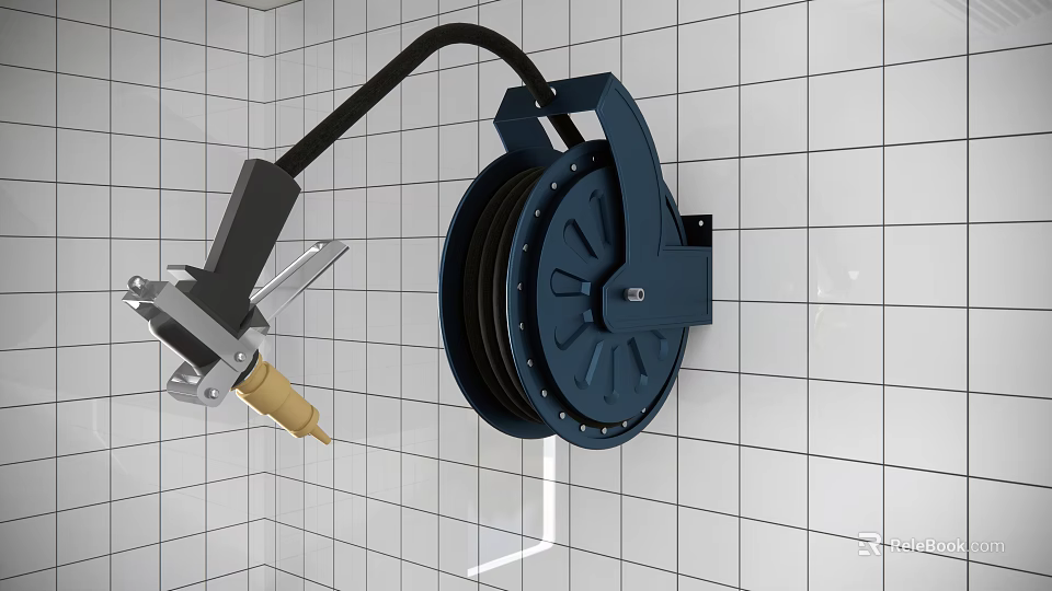 Commercial Kitchen Wall Mounted Hose Reel With Black Tube On White Tiled Wall 3d model 