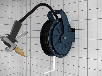 Commercial Kitchen Wall Mounted Hose Reel With Black Tube On White Tiled Wall 3d model