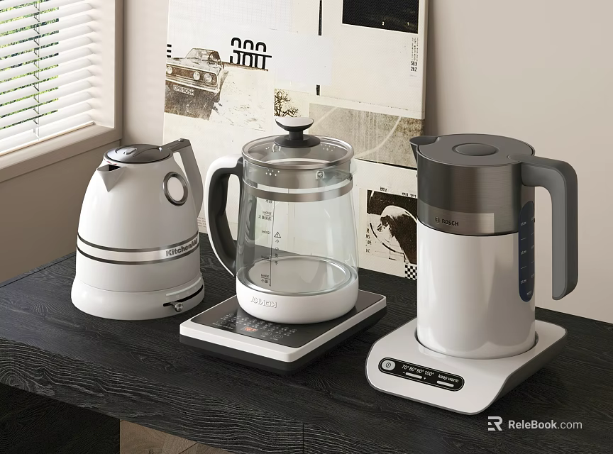 Modern Daily Electrical Appliances Three Electric Kettles White Silver Glass Design On Table 3d model 