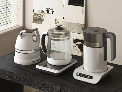 Modern Daily Electrical Appliances Three Electric Kettles White Silver Glass Design On Table 3d model