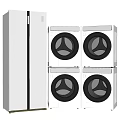 Four Silver Stacked Washing Machines Next To Side By Side Refrigerator 3d model