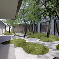 Modern Garden Courtyard Design With Trees Lawn Stone Path And Bamboo Screen 3d model