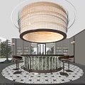 Modern Luxury Sales Office Interior With Large Round Crystal Chandelier And Elegant Curved Bar Seating